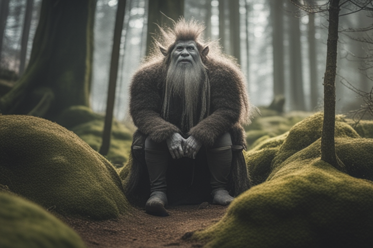 Image of a John Bauer like troll in a scandinavian forest